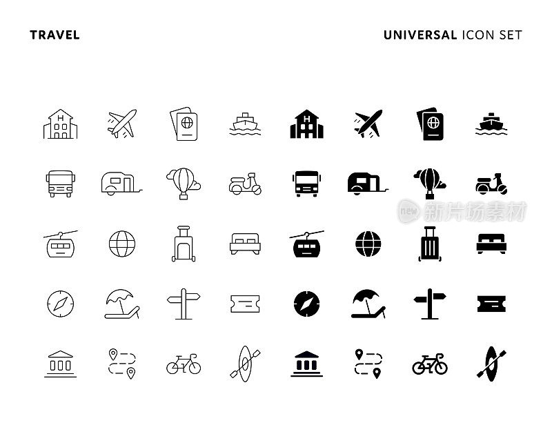旅行概念通用固体和线图标集与可编辑的笔画。图标适用于网页,移动应用程序,UI, UX和GUI设计。